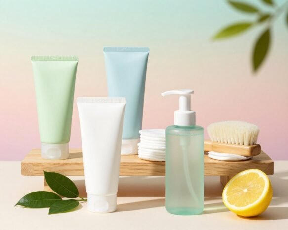 A beautifully arranged display of various cleansers designed for oily and acne-prone skin, showcasing sleek, modern packaging in an array of colors. In the foreground, highlight a foaming cleanser and a gentle gel cleanser, surrounded by fresh ingredients like tea tree leaves and a slice of lemon. The middle ground features a stylish wooden shelf adorned with a few cosmetic tools, such as cotton pads and a facial brush. The background should be softly blurred with a calming pastel gradient, evoking a fresh and clean atmosphere. Use bright, natural lighting to enhance the colors and create a crisp, inviting mood, resembling a serene bathroom setting. The angle should be a slightly elevated perspective for a dynamic view that captures all elements clearly without distractions.