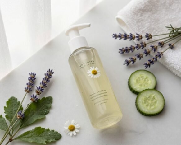 A beautifully arranged flat lay of a luxurious facial cleanser prominently displayed on a clean, elegant marble surface. The cleanser is in a sleek, modern bottle, showcasing its natural and high-quality ingredients, like chamomile and cucumber extracts. Surrounding the cleanser are delicate, fresh botanicals such as lavender and green leaves, adding a touch of nature. In the background, soft, natural light filters through a sheer white curtain, creating a warm, inviting atmosphere. A hint of a plush white towel is visible, enhancing the spa-like feeling. The composition has a slight top-down angle, focusing on the cleanser, with a soft depth of field to emphasize the product. The overall mood is calming, sophisticated, and fresh, perfect for a skincare essentials article. A beautifully arranged flat lay of a luxurious facial cleanser prominently displayed on a clean, elegant marble surface. The cleanser is in a sleek, modern bottle, showcasing its natural and high-quality ingredients, like chamomile and cucumber extracts. Surrounding the cleanser are delicate, fresh botanicals such as lavender and green leaves, adding a touch of nature. In the background, soft, natural light filters through a sheer white curtain, creating a warm, inviting atmosphere. A hint of a plush white towel is visible, enhancing the spa-like feeling. The composition has a slight top-down angle, focusing on the cleanser, with a soft depth of field to emphasize the product. The overall mood is calming, sophisticated, and fresh, perfect for a skincare essentials article.