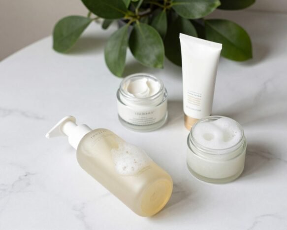 A beautifully arranged flat lay of skincare routine essentials on a soft white marble countertop. In the foreground, a gentle face wash bottle with an elegant, minimalist design, surrounded by a foaming cleanser and an exfoliating scrub. The middle layer features a delicate glass jar of moisturizer and a high-quality sunscreen, both showcasing their refined labels. In the background, a lush green plant adds a touch of nature, enhancing the fresh and clean atmosphere. Soft, natural lighting illuminates the scene, casting gentle shadows, with a slightly elevated angle to capture the elegant symmetry. The overall mood is serene, inviting, and focused, ideal for illustrating a skincare routine that emphasizes care and quality.