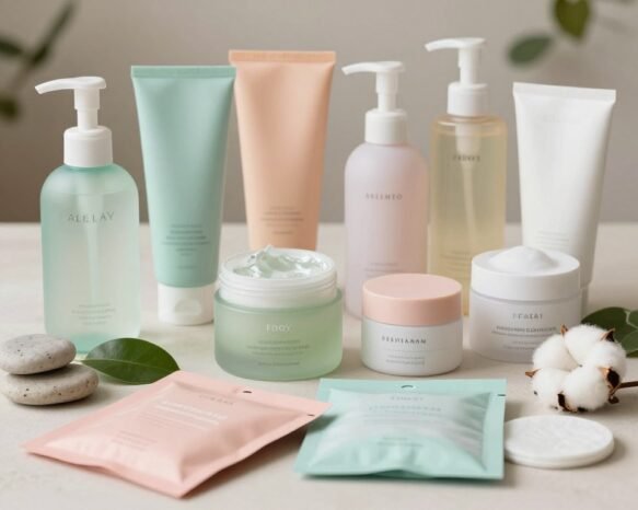 A beautifully arranged flat lay of various face wash products, showcasing different brands and types of cleansers, including gel, foam, and cream formulations. The foreground features an aesthetically pleasing display of vibrant packaging, with colors like soft pastels and elegant neutrals. In the middle, include decorative elements such as fresh green leaves, a cotton pad, and natural stones to evoke a sense of freshness and relaxation. The background is softly blurred to draw attention to the products, with soft, diffused lighting to create an inviting and warm atmosphere. The scene should convey a sense of careful curation and self-care, ideal for a beauty-focused article.
