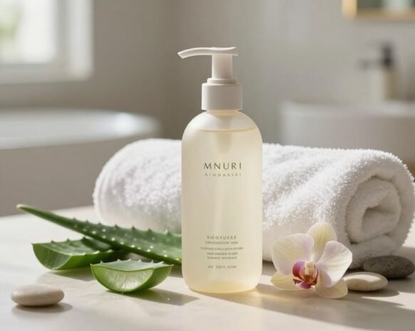 A beautifully arranged scene featuring a bottle of mature combination skin cleanser positioned prominently in the foreground. The cleanser bottle is elegantly designed, with soft curves and a subtle label showcasing its natural ingredients. Surrounding the bottle are delicate elements like fresh aloe vera leaves, gentle orchid petals, and smooth pebbles, creating a serene vibe. In the middle ground, a plush white towel is artfully draped, adding an inviting touch to the composition. The background is softly blurred, featuring hints of a luxurious bathroom setting with light streaming in from a window, casting a warm glow. The atmosphere is tranquil and rejuvenating, evoking a sense of self-care and wellness. The lighting is soft and diffused to enhance the product's appeal, captured from an eye-level angle for an intimate feel. A beautifully arranged scene featuring a bottle of mature combination skin cleanser positioned prominently in the foreground. The cleanser bottle is elegantly designed, with soft curves and a subtle label showcasing its natural ingredients. Surrounding the bottle are delicate elements like fresh aloe vera leaves, gentle orchid petals, and smooth pebbles, creating a serene vibe. In the middle ground, a plush white towel is artfully draped, adding an inviting touch to the composition. The background is softly blurred, featuring hints of a luxurious bathroom setting with light streaming in from a window, casting a warm glow. The atmosphere is tranquil and rejuvenating, evoking a sense of self-care and wellness. The lighting is soft and diffused to enhance the product's appeal, captured from an eye-level angle for an intimate feel.