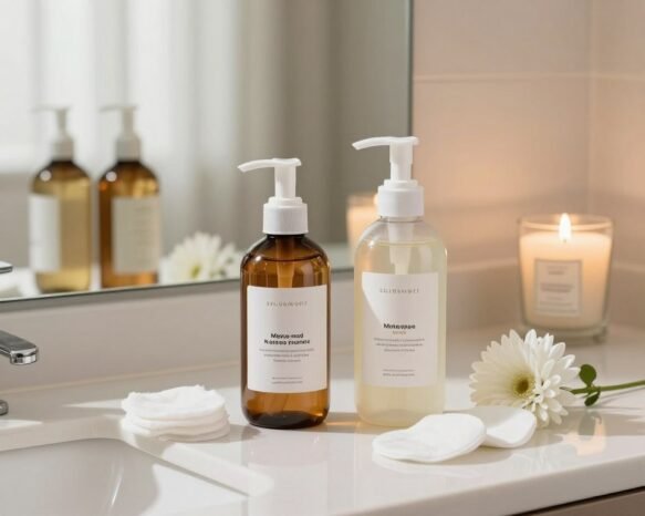 A beautifully arranged scene showcasing dual-purpose makeup removal cleansers in an elegant bathroom setting. In the foreground, feature two stylish bottles of cleanser with distinct labels, surrounded by soft cotton pads and delicate flowers. In the middle, include a spacious countertop with a sleek mirror reflecting the products, while a serene scented candle adds a touch of luxury. In the background, a gentle light filters through sheer curtains, creating a warm and inviting atmosphere. Capture the scene with a slightly elevated angle to emphasize the products, using soft natural lighting to enhance the textures of the bottles and the freshness of the flowers. Aim for a clean, organized look that exudes an air of tranquility and effective skincare.