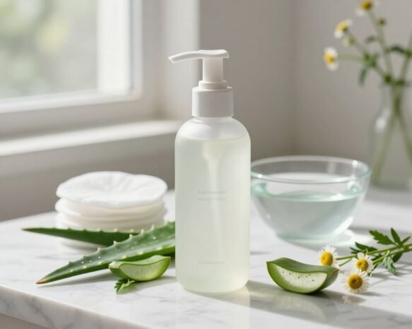 A beautifully arranged still life of an acne-prone skin cleanser bottle, prominently displayed in the foreground on a marble countertop. The bottle, made from frosted glass with a sleek pump top, is labeled with minimalist design, emphasizing purity and effectiveness. Surrounding the bottle are fresh natural ingredients like aloe vera, green tea leaves, and chamomile flowers, hinting at the cleanser's soothing properties. In the middle ground, there are soft, fluffy cotton pads and a small bowl of water for cleansing rituals. The background features gentle, diffused natural lighting streaming through a window, creating a serene and calming atmosphere. Include delicate shadows to add depth, evoking a sense of tranquility and cleanliness. The overall mood should feel refreshing and inviting, perfect for a skincare focus.