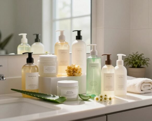 A bright, airy bathroom setting featuring an elegant countertop with an array of specialized cleansers designed for flaky and dry skin. In the foreground, several beautifully packaged bottles of cleanser, each distinctly labeled, showcase textures that suggest hydration and nourishment. The middle layer includes a gentle facial scrub and a soothing cream, artfully arranged among natural elements like aloe vera leaves and chamomile flowers, emphasizing their soothing properties. In the background, soft, diffused light streams in through a frosted window, creating a warm and inviting atmosphere, while a few fluffy towels and a small potted plant add a touch of coziness. The overall mood is serene and uplifting, ideal for promoting self-care routines.
