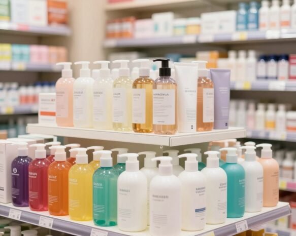 A bright and inviting drugstore display featuring various face wash options for women. In the foreground, neatly arranged bottles of different face washes, showcasing diverse packaging—some with vibrant colors and others with sleek, minimalist designs. The middle layer includes a well-organized shelf stocked with popular brands, highlighting their labels and textures. In the background, softly blurred shelves filled with skincare products to create depth. The lighting is warm and natural, illuminating the products to accentuate their features and inviting a sense of care and freshness. The overall atmosphere is clean, friendly, and accessible, evoking a sense of trust and ease for everyday use.