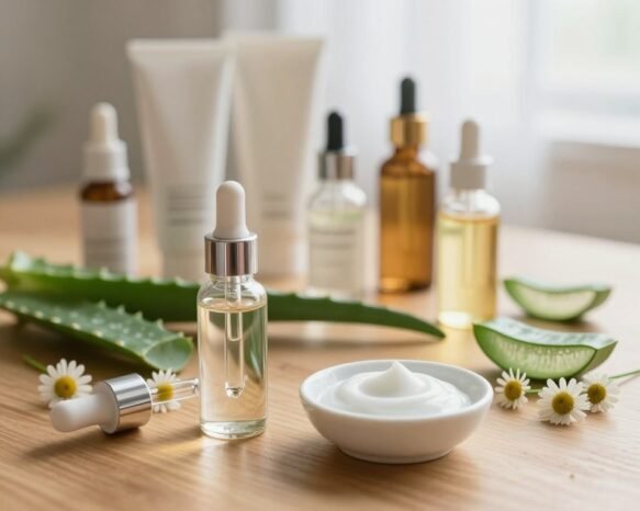 A carefully arranged flat lay of skin barrier protection ingredients, including hyaluronic acid, ceramides, and vitamin E, displayed on a wooden surface. In the foreground, a glass dropper bottle filled with a clear serum and a small white dish with creamy moisturizer. The middle layer features scattered botanicals like aloe vera leaves and chamomile flowers, adding a natural touch. In the background, soft-focus skincare tubes and oil bottles are partially visible, lending an organized elegance. The lighting is gentle and diffused, creating a warm, inviting atmosphere, with a hint of sunlight filtering through sheer curtains. The scene should exude a sense of tranquility and self-care, perfect for a skincare routine context.