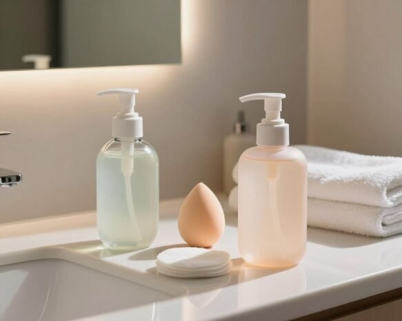 A clean, modern bathroom setting showcasing two dual-action makeup removal formulas on a sleek countertop. In the foreground, elegant glass bottles with minimalist designs filled with liquid makeup removers, reflecting natural light. One bottle is round and the other is square, both with subtle pastel colors. In the middle, a gently used makeup sponge and a few cotton pads hint at their effectiveness. The background features a stylish mirror and soft white towels, all bathed in warm, inviting light that creates a soothing, calming atmosphere. The image conveys cleanliness and effectiveness, highlighting the essence of effective makeup removal in a fresh and aesthetically pleasing design.