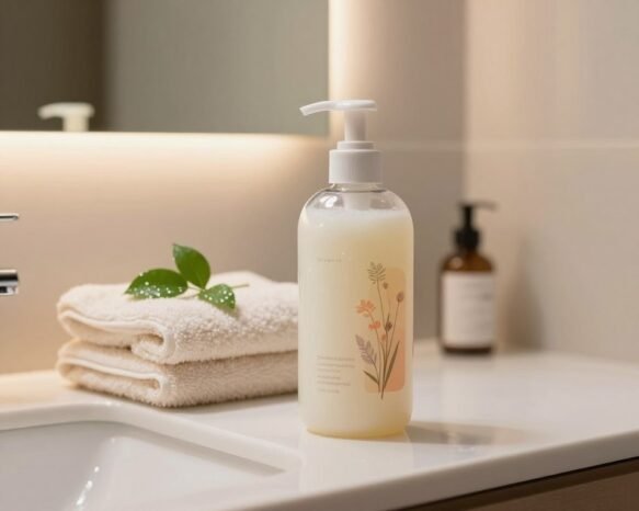 A luxurious hydrating cleanser for dry skin elegantly displayed on a pristine bathroom counter. In the foreground, a beautifully designed glass bottle filled with a creamy, silky cleanser, adorned with subtle pastel colors and delicate botanicals. The middle layer features a soft, inviting towel and fresh, dewy green leaves, evoking a sense of natural skincare. In the background, a softly lit mirror reflects warm, ambient lighting that creates a calming atmosphere. The scene is styled with minimalist decor, enhancing the focus on hydration and gentle care. The overall mood is serene and refreshing, showcasing the essence of barrier-supporting formulas for dry and mature skin without any distractions.