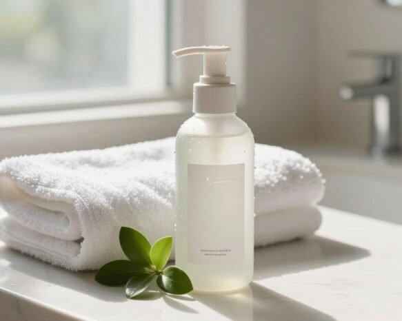 A luxurious hydrating face wash designed for dry skin sits elegantly in the foreground, featuring a sleek, frosted glass bottle adorned with a minimalist label. Delicate water droplets glisten on the surface of the bottle, emphasizing its moisturizing properties. In the middle ground, a soft, white towel is neatly folded, suggesting a spa-like atmosphere. A small, vibrant green plant peeks into the scene, adding a touch of freshness. The background is softly blurred, showcasing a calming bathroom setting with natural light streaming in through a frosted window, casting gentle shadows. The overall ambiance evokes tranquility and self-care, inviting the viewer to imagine a soothing skincare routine.