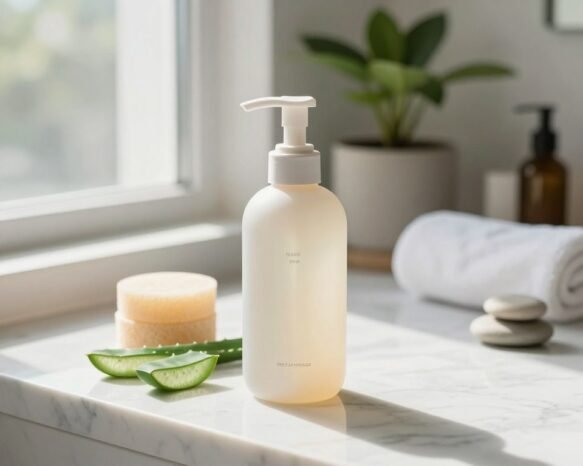 A serene and inviting bathroom setting showcasing a gentle skin cleanser. In the foreground, a sleek, modern bottle of cleanser with a minimalist design sits atop a marble countertop. Soft, natural light filters in through a frosted window, illuminating the product while creating gentle shadows. In the middle, delicate facial sponges and fresh aloe vera leaves add hints of freshness and purity, emphasizing the natural ingredients. The background features a softly blurred potted plant and spa essentials like a white towel and smooth stones, enhancing a calming atmosphere. The overall mood should convey tranquility and self-care, reflecting the importance of choosing the right cleanser for women’s skincare routines. A serene and inviting bathroom setting showcasing a gentle skin cleanser. In the foreground, a sleek, modern bottle of cleanser with a minimalist design sits atop a marble countertop. Soft, natural light filters in through a frosted window, illuminating the product while creating gentle shadows. In the middle, delicate facial sponges and fresh aloe vera leaves add hints of freshness and purity, emphasizing the natural ingredients. The background features a softly blurred potted plant and spa essentials like a white towel and smooth stones, enhancing a calming atmosphere. The overall mood should convey tranquility and self-care, reflecting the importance of choosing the right cleanser for women’s skincare routines.
