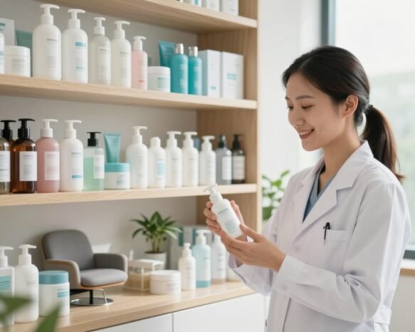 A serene and professional dermatologist's office setting as the backdrop, featuring a well-organized shelf filled with an array of skincare products, prominently displaying various cleansers in elegant packaging. In the foreground, a smiling female dermatologist in a white lab coat is gently holding a cleanser, exuding warmth and expertise. Soft, diffused natural lighting streams through a window, creating a calming atmosphere. The middle layer showcases a consultation area with a comfortable chair and a plant, adding a touch of greenery. The overall mood is one of trust and professionalism, evoking a sense of reassurance and insight into skincare essentials. The composition should be shot at eye level, focusing on the interaction between the dermatologist and the product. A serene and professional dermatologist's office setting as the backdrop, featuring a well-organized shelf filled with an array of skincare products, prominently displaying various cleansers in elegant packaging. In the foreground, a smiling female dermatologist in a white lab coat is gently holding a cleanser, exuding warmth and expertise. Soft, diffused natural lighting streams through a window, creating a calming atmosphere. The middle layer showcases a consultation area with a comfortable chair and a plant, adding a touch of greenery. The overall mood is one of trust and professionalism, evoking a sense of reassurance and insight into skincare essentials. The composition should be shot at eye level, focusing on the interaction between the dermatologist and the product.