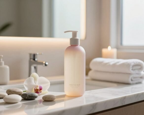 A serene bathroom setting featuring a luxurious, elegant sensitive skin cleanser prominently placed on a sleek marble countertop. The bottle, with a minimalist design and soft pastel colors, reflects tranquility. In the foreground, smooth pebbles and a gentle orchid flower enhance the calm atmosphere. The middle ground showcases a large, softly lit mirror with warm lighting that creates subtle highlights and shadows. In the background, plush towels and a delicate candle add a touch of coziness. The scene is bathed in natural light streaming through a frosted window, conveying a mood of relaxation and self-care. The overall composition should evoke a sense of purity and gentleness, perfect for sensitive skin.
