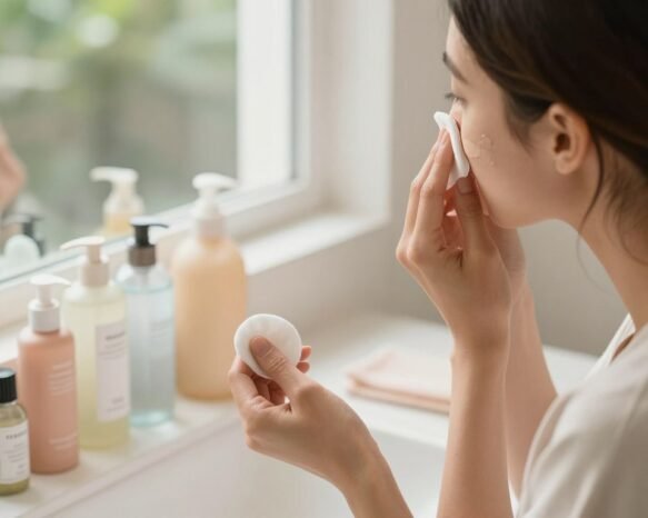 A serene skincare scene depicting a woman in modest casual clothing gently removing her makeup in a softly lit bathroom. In the foreground, she holds a cotton pad soaked in a soothing, natural makeup remover. Her skin glows with health as she carefully wipes away mascara and foundation, showcasing technique and care. In the middle ground, a beautifully arranged bathroom counter displays various skincare products, such as a gentle cleanser, micellar water, and a calming face wash, with soft pastel colors creating a harmonious vibe. The background shows a touch of greenery through a window, enhancing the fresh and peaceful atmosphere. Use soft, diffused lighting to create a warm, inviting mood, and a slightly elevated angle to capture the entire scene organically.