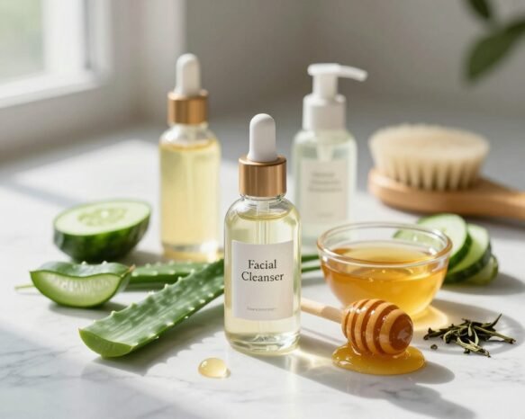 A serene skincare scene featuring a variety of key ingredients for a facial cleanser arranged artfully on a marble countertop. In the foreground, showcase a clean glass bottle labeled "Facial Cleanser" with natural, organic ingredients like aloe vera leaves, honey, and drops of essential oils surrounding it. The middle ground highlights additional elements like cucumber slices and green tea leaves, creating an inviting and fresh feel. The background is softly blurred but includes a few elegant skincare tools, like a bamboo face brush. Soft, natural light filters in from the left, casting gentle shadows and enhancing the fresh, rejuvenating atmosphere while keeping the focus on the nourishing ingredients. The composition conveys a mood of tranquility and self-care. A serene skincare scene featuring a variety of key ingredients for a facial cleanser arranged artfully on a marble countertop. In the foreground, showcase a clean glass bottle labeled "Facial Cleanser" with natural, organic ingredients like aloe vera leaves, honey, and drops of essential oils surrounding it. The middle ground highlights additional elements like cucumber slices and green tea leaves, creating an inviting and fresh feel. The background is softly blurred but includes a few elegant skincare tools, like a bamboo face brush. Soft, natural light filters in from the left, casting gentle shadows and enhancing the fresh, rejuvenating atmosphere while keeping the focus on the nourishing ingredients. The composition conveys a mood of tranquility and self-care.