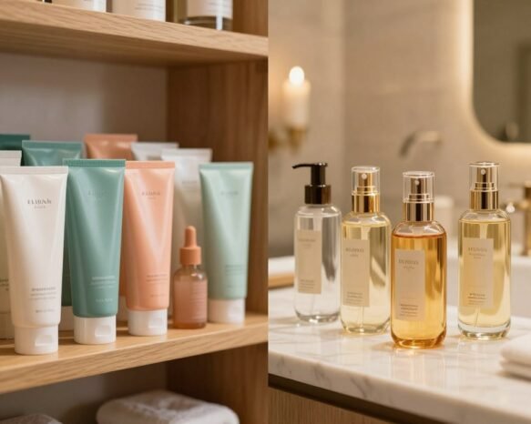 A split image comparing two face wash product pricing tiers. On the left, a visually appealing display of budget face washes with vibrant packaging, arranged neatly on a wooden shelf. Include a variety of textures and colors, showcasing affordability. On the right, a luxurious assortment of high-end face washes elegantly presented in sleek glass bottles, arranged on a marble countertop with soft, golden lighting enhancing their upscale appearance. The background features a blurred spa-like ambiance with gentle lighting, conveying a serene atmosphere. Use a shallow depth of field to emphasize the product details. Overall, the mood should evoke a thoughtful contrast between budget-friendly options and luxury skincare, inviting consumers to make informed choices.