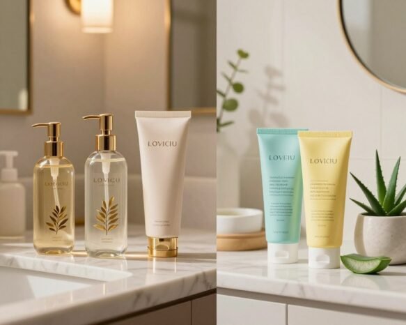 A split image showcasing a comparison between high-end and affordable face washes. On the left side, feature an elegant, upscale bathroom setting with luxurious face wash products; sleek glass bottles, high-quality ingredients like gold and botanical elements, soft lighting casting a warm glow, and a marble countertop. On the right side, present a cozy, budget-friendly bathroom arrangement with approachable and colorful face wash tubes; bright labels, a light-hearted vibe, and simple ceramic containers, featuring natural elements like aloe vera. The background should have subtle decorative touches in both segments reflecting their price points. Utilize soft, diffused lighting for a serene atmosphere, capturing the essence of both markets without text, ensuring a clean and professional appearance.