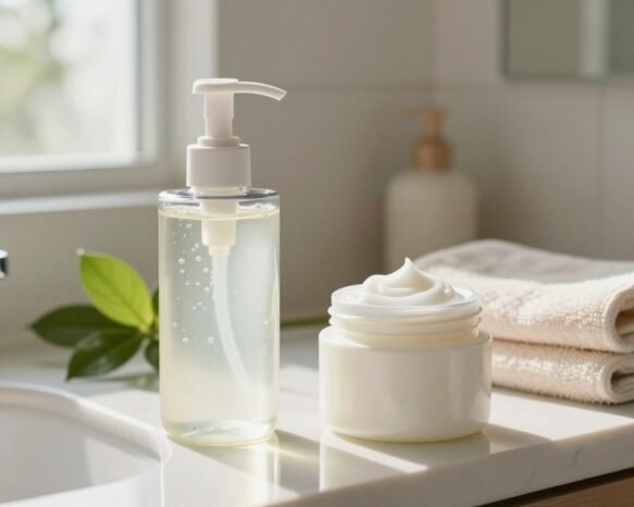 A visually appealing comparison of gel and cream cleansers displayed side by side on a sleek, modern bathroom countertop. In the foreground, a clear gel cleanser in an elegant pump bottle, showcasing its translucent texture, with small bubbles reflecting light, and a creamy cleanser in a stylish jar, emphasizing its smooth, rich consistency. In the middle, fresh green leaves and soft towels complement the products, creating a soothing atmosphere. The background features soft-focus elements like a mirror and natural light streaming in, enhancing the serene, clean vibe. The overall mood is inviting and fresh, evoking a sense of rejuvenation and self-care, captured with a natural light setup for warmth. Use a slightly angled perspective to highlight the textures of each product effectively.