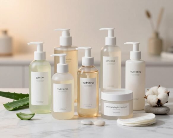 A visually appealing flat lay composition of skincare products that represent the criteria for a top-rated facial cleanser. Foreground features elegant bottles and jars of various cleansers, each labeled with attributes like "gentle," "effective," "hydrating," and "dermatologist-tested." Middle layer includes natural elements like aloe vera leaves, calm pebbles, and soft cotton pads for a soothing feel. Background softly blurred with a marble countertop and a delicate, warm light to suggest a serene bathroom atmosphere. Subtle highlights create an inviting mood, and a gentle shadow play adds depth, enhancing the elegance of the skincare focus. The overall color palette should be soft pastels for a fresh, clean aesthetic.