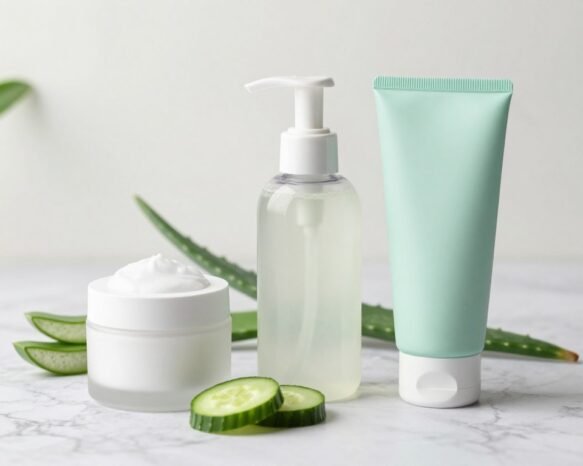 A visually appealing flat lay composition showcasing three different formulas of face wash: a cream, a gel, and a foaming cleanser. In the foreground, the products are elegantly arranged in sleek, modern packaging with soft pastel colors. The cream is in a round jar, the gel in a clear pump bottle, and the foaming cleanser in an airless dispenser. In the middle ground, fresh natural elements like cucumber slices and aloe vera leaves add a refreshing touch, hinting at the ingredients inside. The background features a soft-focus, marble countertop bathed in soft, diffused natural light to create a clean and serene atmosphere. The image conveys a sense of luxury and effective skincare, inviting the viewer to explore the best options for a gentle cleansing routine without any text or distractions.