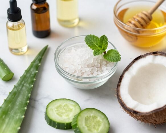 A visually appealing flat lay image of hydrating face wash ingredients arranged aesthetically on a clean white marble surface. In the foreground, showcase fresh aloe vera leaves, vibrant green cucumber slices, and smooth, round coconut halves. In the middle, place a small glass bowl filled with crystalline sea salt and a delicate sprig of mint for an added pop of color. In the background, blurred out, include soft-focus bottles of essential oils and a decorative glass container of organic honey to suggest a spa-like atmosphere. Use natural sunlight to create soft, warm lighting, highlighting the textures of the ingredients. Aim for a serene and refreshing mood that emphasizes hydration and nourishment for the skin. Capture from a top-down angle for an organized, harmonious composition.