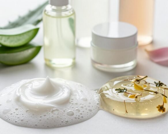 A visually engaging composition showcasing various cleanser formulas textures, including creamy, gel-like, and foamy substances. In the foreground, a close-up of a textured creamy cleanser with visible swirls and bubbles, contrasted by a vibrant, transparent gel with floating botanical ingredients. The middle layer features an arrangement of elegant glass bottles and jars, reflecting the textures. In the background, a soft-focus display of natural elements like aloe vera leaves and flower petals enhances the organic feel. The lighting is bright and diffused, creating a fresh and clean atmosphere, with a slight overhead angle for depth. The overall mood is soothing and inviting, inspiring a sense of luxury and skincare devotion. A visually engaging composition showcasing various cleanser formulas textures, including creamy, gel-like, and foamy substances. In the foreground, a close-up of a textured creamy cleanser with visible swirls and bubbles, contrasted by a vibrant, transparent gel with floating botanical ingredients. The middle layer features an arrangement of elegant glass bottles and jars, reflecting the textures. In the background, a soft-focus display of natural elements like aloe vera leaves and flower petals enhances the organic feel. The lighting is bright and diffused, creating a fresh and clean atmosphere, with a slight overhead angle for depth. The overall mood is soothing and inviting, inspiring a sense of luxury and skincare devotion.
