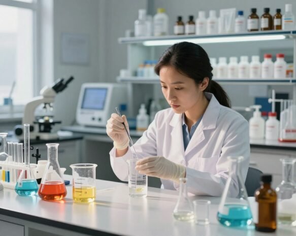 A visually striking laboratory scene focused on the science of pH balanced cleansing formulas. In the foreground, a well-organized workbench filled with flasks and beakers showcasing colorful liquid solutions, some labeled with pH scales. The middle section features a scientist in professional attire, thoughtfully measuring ingredients with precision tools, surrounded by bright, ambient lighting illuminating her focused expression. The background shows shelves filled with skincare product prototypes and scientific equipment, enhancing the setting's authenticity. To evoke a mood of discovery and innovation, use soft, natural lighting to create a warm atmosphere, with a shallow depth of field to draw attention to the foreground. The overall composition emphasizes the intricate balance of science and skincare.