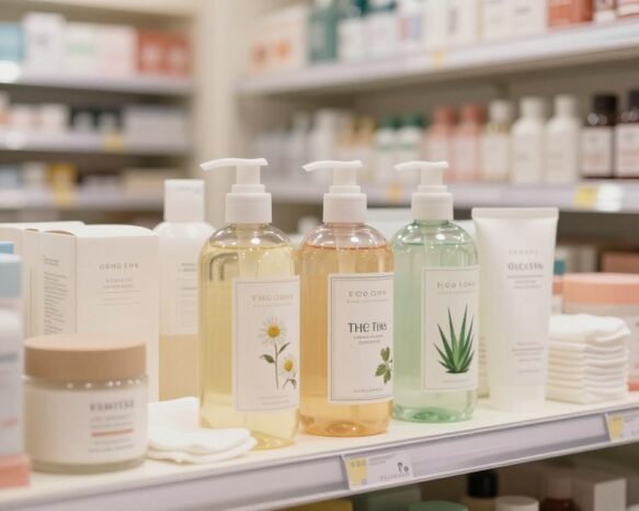 In a softly lit pharmacy setting, prominently feature a variety of elegantly packaged face washes designed specifically for sensitive skin. The foreground displays three luxurious bottles, each showcasing unique labels with botanical illustrations, emphasizing natural ingredients like chamomile and aloe vera. The middle ground includes subtle hints of cotton pads and soothing cream jars, hinting at a skincare routine. In the background, lightly blurred shelves filled with additional beauty products create a sense of depth. Use a warm, inviting color palette with soft lighting to evoke a calming ambiance. The angle should be slightly above eye level to give an expansive view of the products, inviting viewers into a serene self-care experience while clearly emphasizing the high-performance aspect of the face washes.